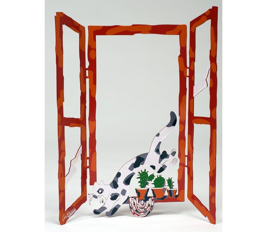 Free Standing Open Window Cat and Cactus Sculpture - Back Home by David Gerstein