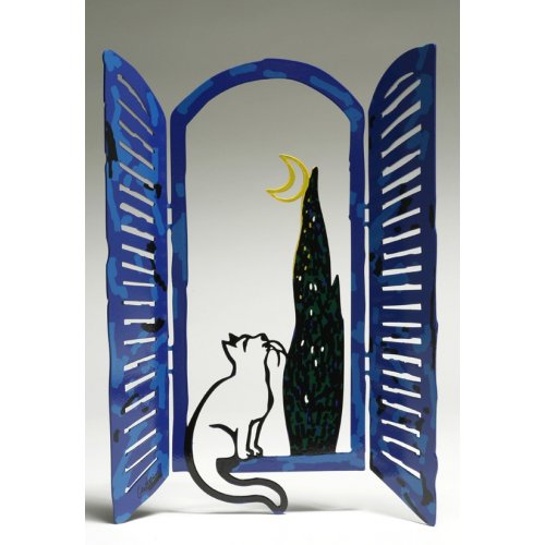 Free Standing Open Window Sculpture - Cat Moon and Tree by David Gerstein