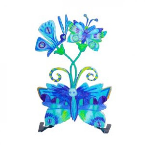 Free Standing Small Table Sculpture, Blue Flowers and Butterflies - Yair Emanuel