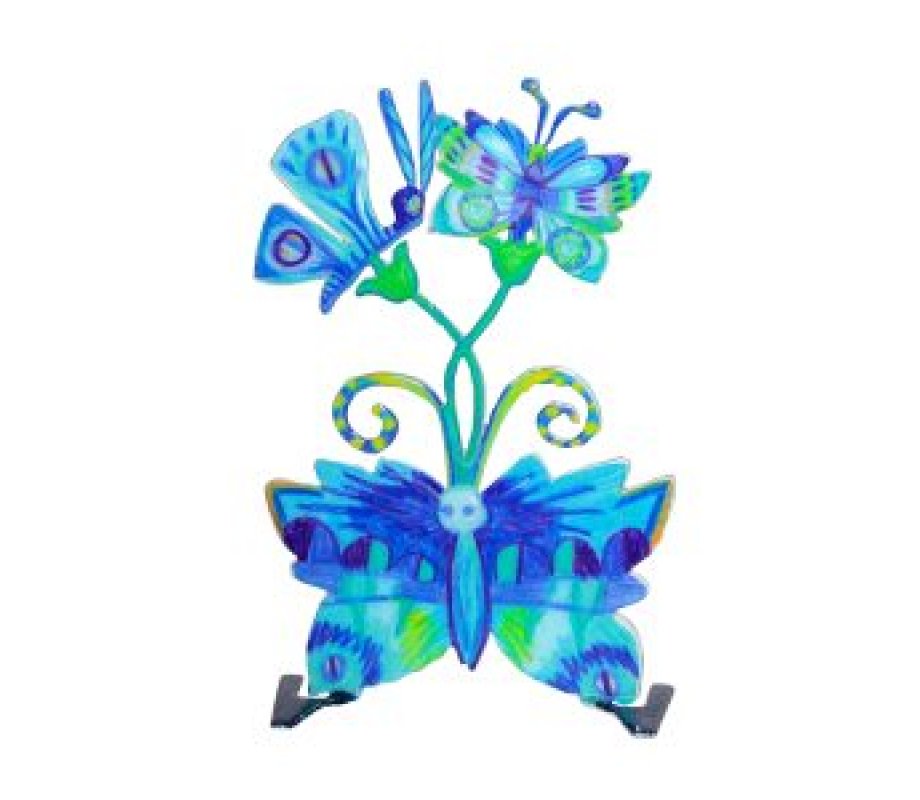 Free Standing Small Table Sculpture, Blue Flowers and Butterflies - Yair Emanuel