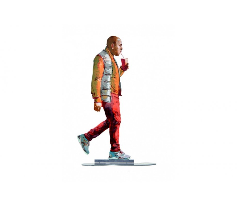 Free Standing Two Sided Urban Sculpture, Walker with Orange Juice - David Gerstein