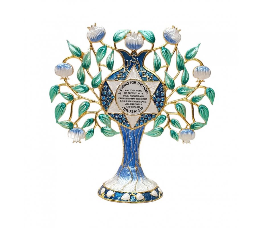 Free-Standing Gleaming Enamel Pomegranate Tree, Green and Blue - Home Blessing