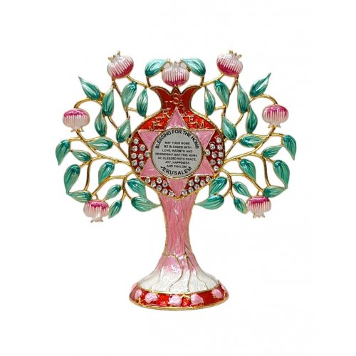 Free-Standing gleaming Enamel Pomegranate Tree, Green and Pink - Home Blessing