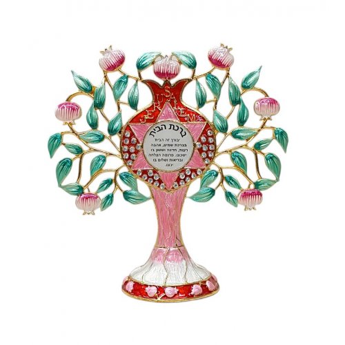 Free-Standing gleaming Enamel Pomegranate Tree, Green and Pink - Home Blessing