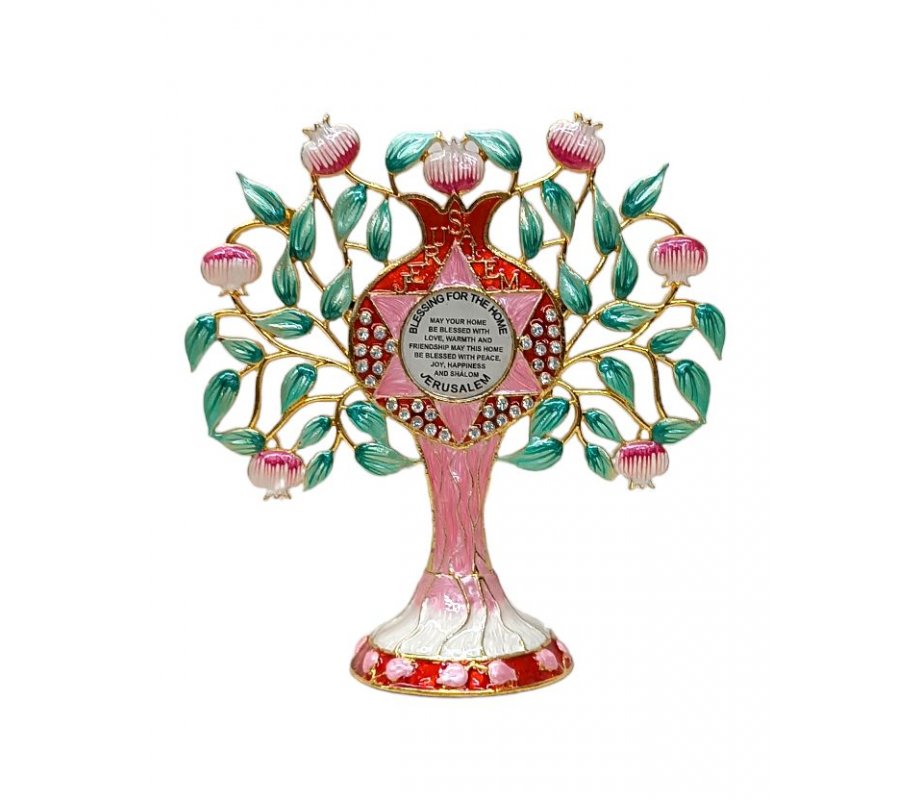 Free-Standing gleaming Enamel Pomegranate Tree, Green and Pink - Home Blessing