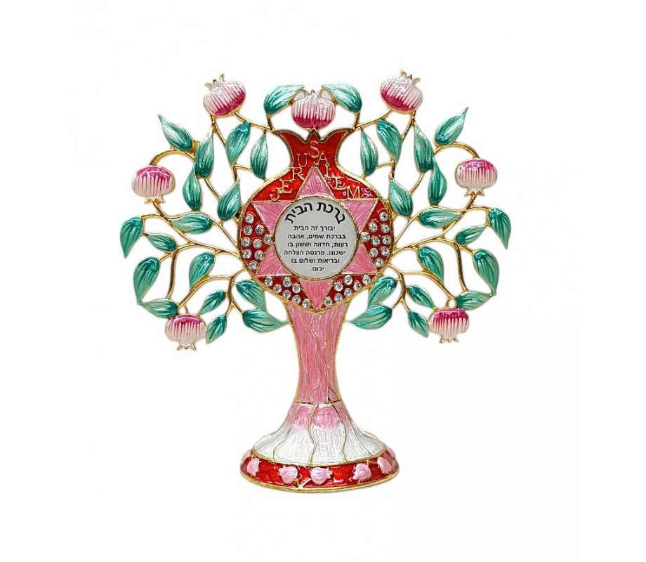 Free-Standing gleaming Enamel Pomegranate Tree, Green and Pink - Home Blessing