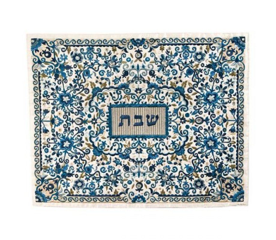 Fully Embroidered Challah Cover Flowers, Blue - Yair Emanuel