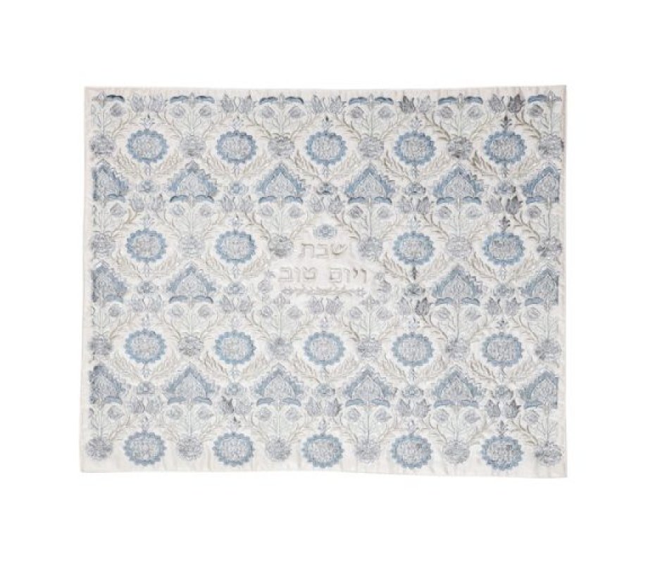 Fully Embroidered Challah Cover with Floral Design, Silver and Blue - Yair Emanuel