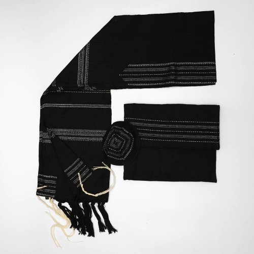 Gabrieli Handwoven Elia Silk Black Tallit Set - Silver Stripes