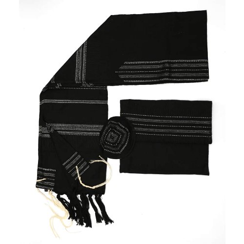 Gabrieli Handwoven Elia Silk Black Tallit Set - Silver Stripes