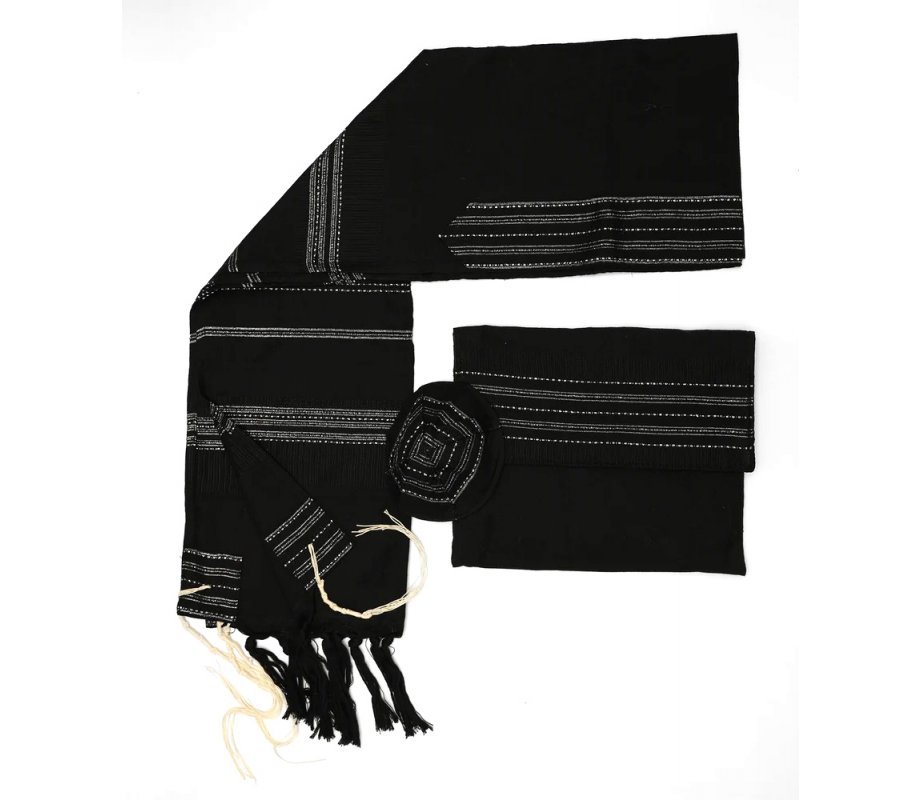 Gabrieli Handwoven Elia Silk Black Tallit Set - Silver Stripes