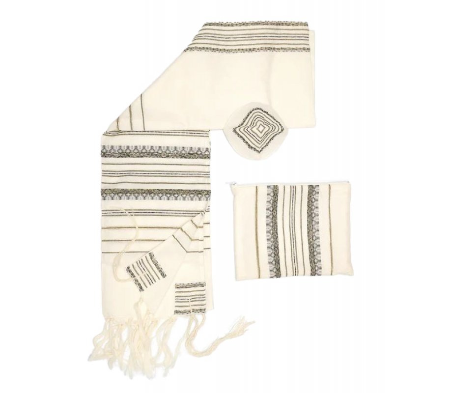 Gabrieli Handwoven Hagar Off White Wool Tallit Set - Black and Gold Stripes