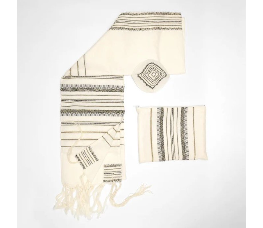 Gabrieli Handwoven Hagar Off White Wool Tallit Set - Black and Gold Stripes