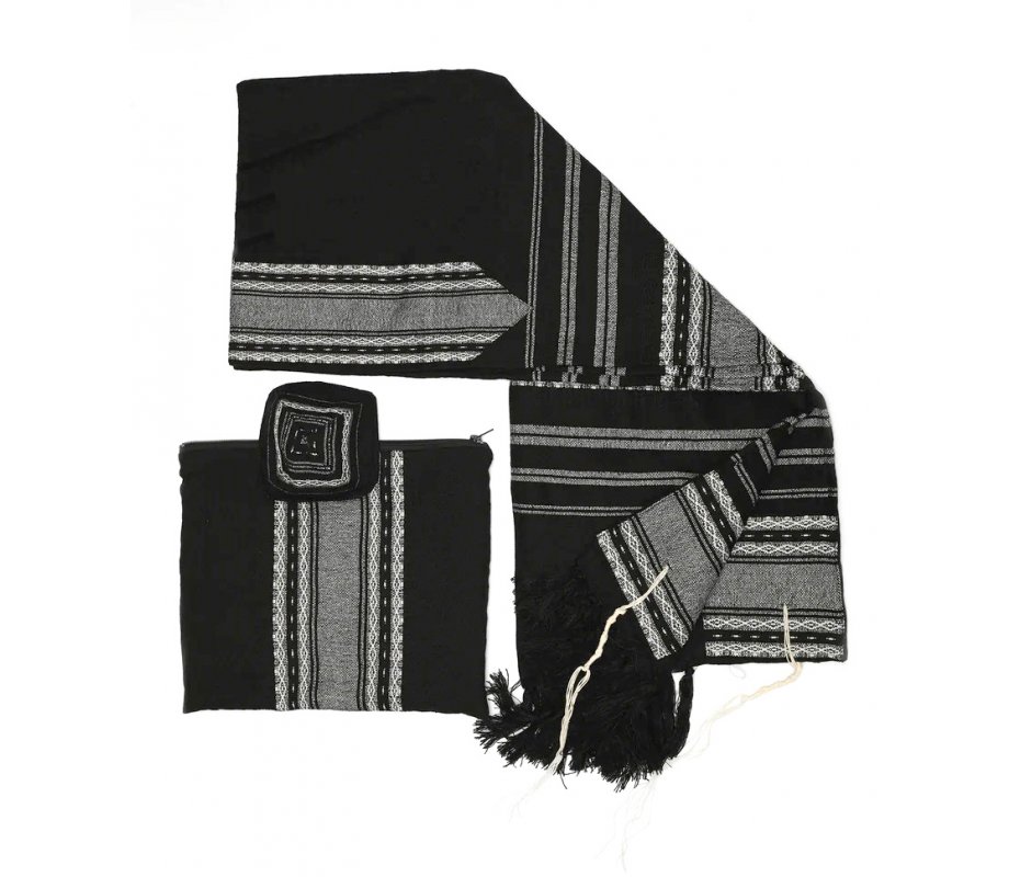 Gabrieli Handwoven Samuel Black Wool Tallit Set - White Stripes