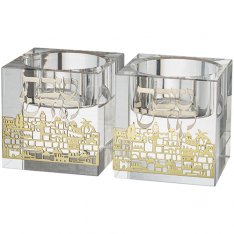 Glass Candlesticks - Gold Color Metal Jerusalem Overlay Design