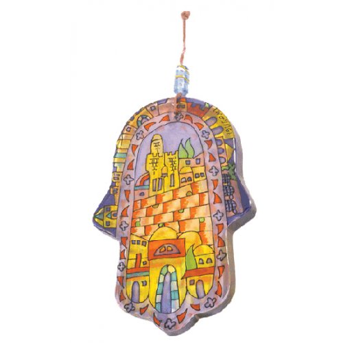 Glass Hamsa Wall Decoration, Hand Painted Jerusalem Images  Yair Emanuel