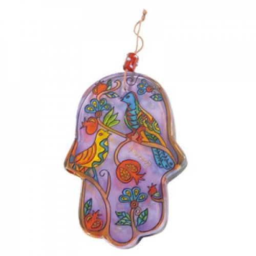 Glass Hamsa Wall Decoration, Hand Painted Pomegranates and Birds - Yair Emanuel