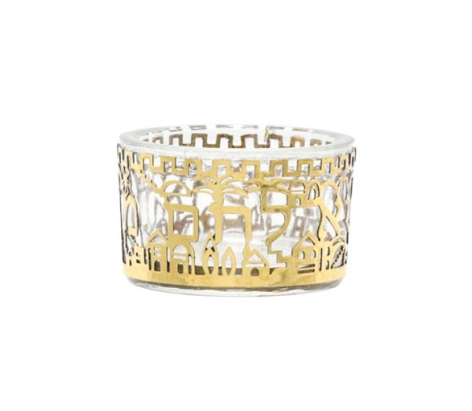 Glass Salt Dish with Metal Cutout Jerusalem Design, Gold Brass - Yair Emanuel