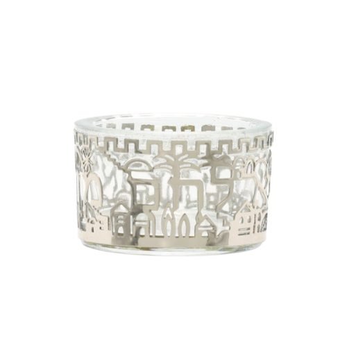 Glass Salt Dish with Metal Cutout Jerusalem Design, Silver - Yair Emanuel