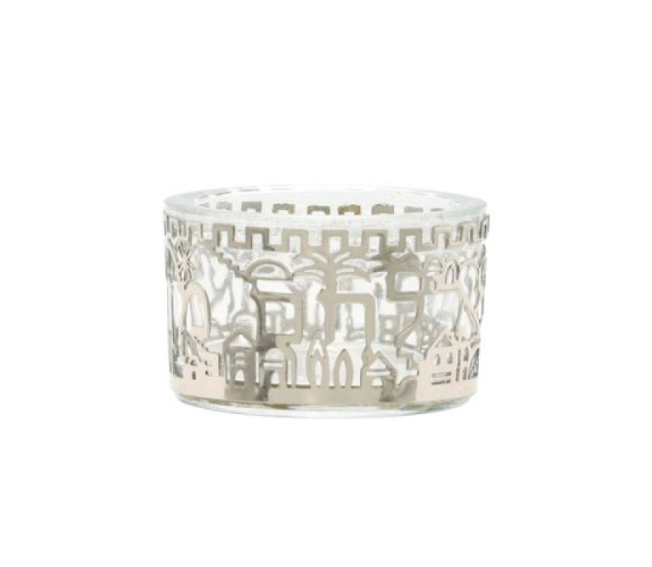 Glass Salt Dish with Metal Cutout Jerusalem Design, Silver - Yair Emanuel