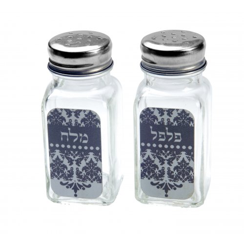 Glass Salt and Pepper Shaker Set Hebrew, Oriental Gray Print - Dorit Judaica