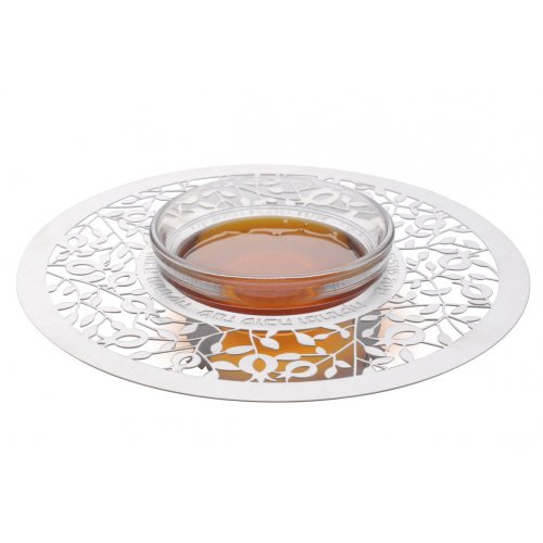Glass and Stainless Steel Honey Dish with Spoon, Blessing Words - Dorit Judaica