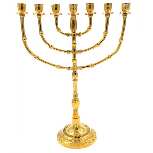 Gleaming Gold Brass Seven Branch Menorah, Bead Decoration - 15