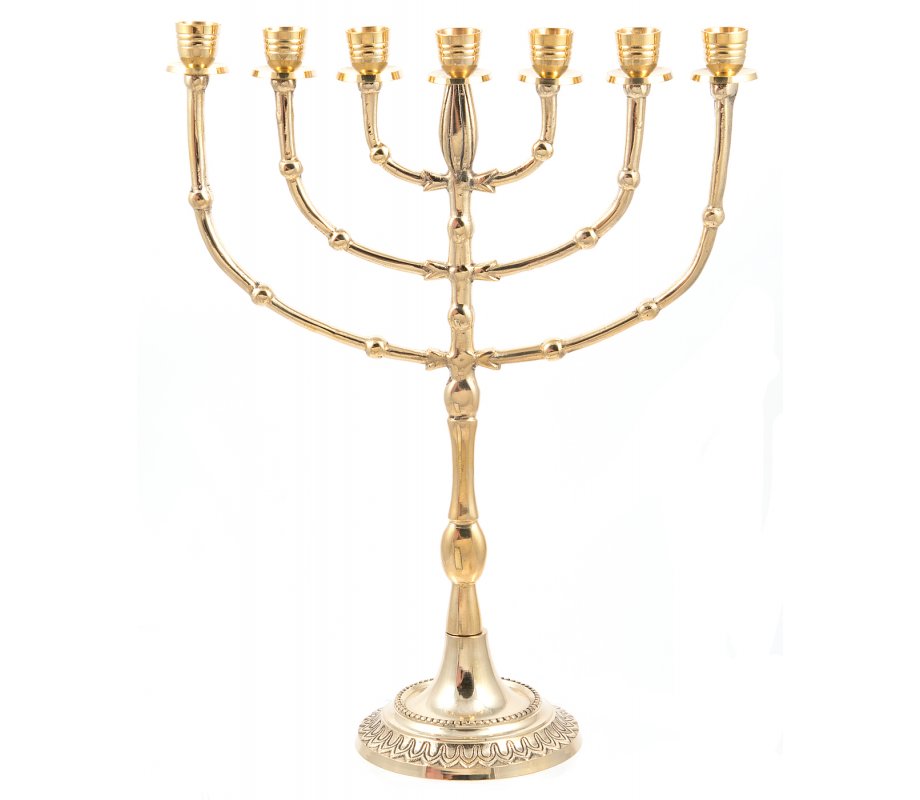 Gleaming Gold Brass Seven Branch Menorah, Bead Decoration - 15