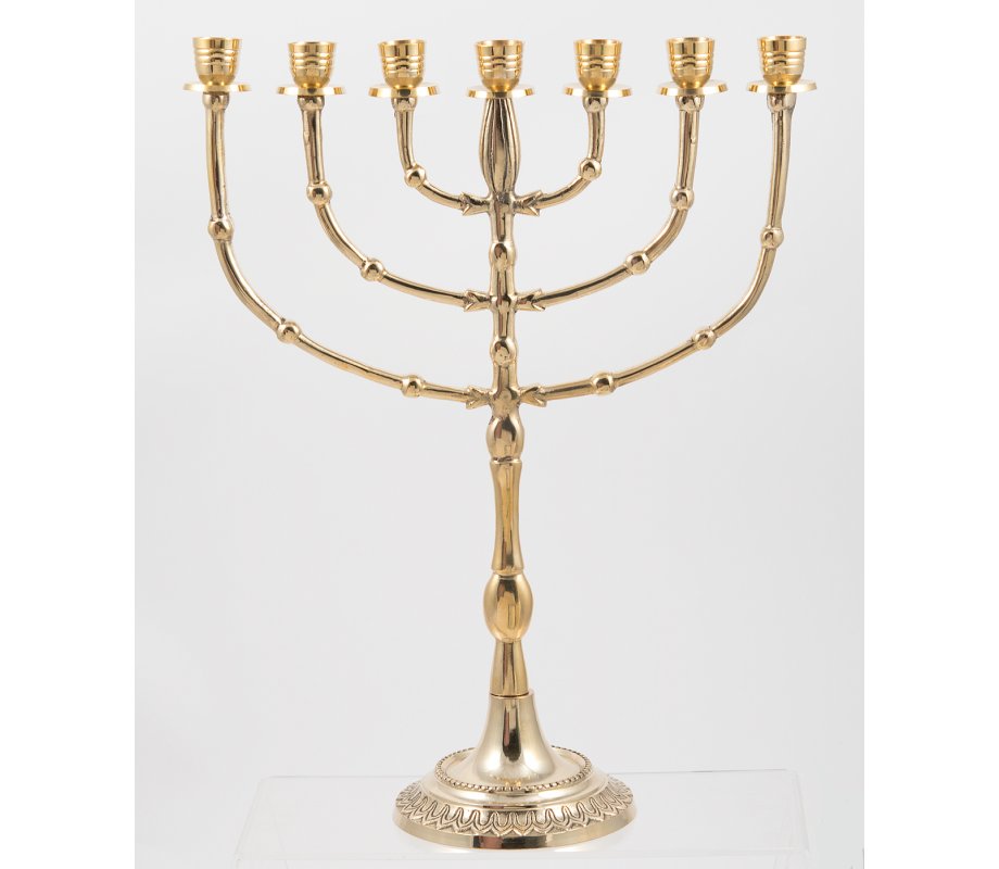 Gleaming Gold Brass Seven Branch Menorah, Bead Decoration - 15