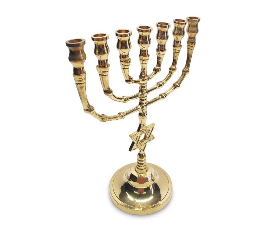 Gleaming Gold Brass Seven Branch Menorah, Decorative Star of David on Stem - 10