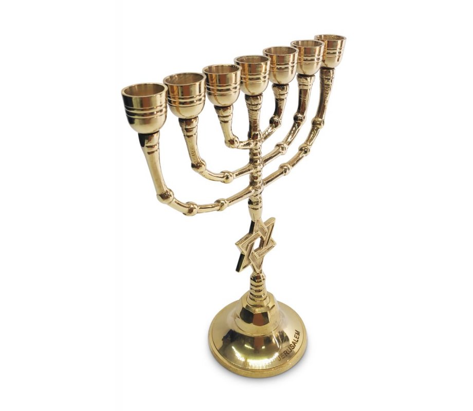 Gleaming Gold Brass Seven Branch Menorah, Decorative Star of David on Stem - 10