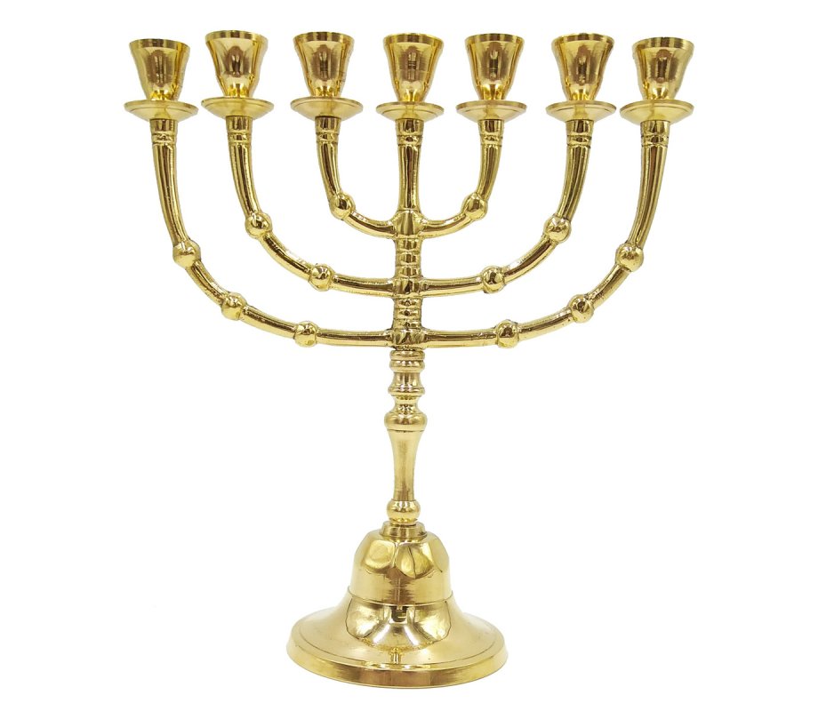 Gleaming Gold Brass Seven Branch Menorah, Small Size - 10