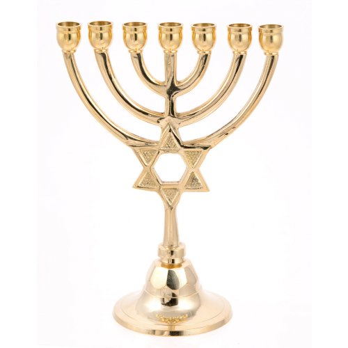 Gleaming Gold Brass Small Seven Branch Menorah with Star of David on Stem - 7.5