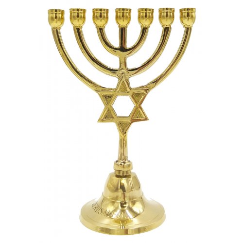 Gleaming Gold Brass Small Seven Branch Menorah with Star of David on Stem - 7.5