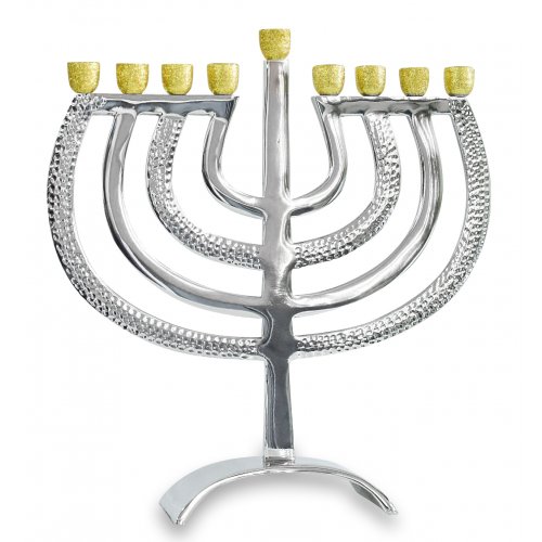 Glittering Gold Cups on Silver Hanukkah Menorah with Hammered Branches - 12.5 Inches