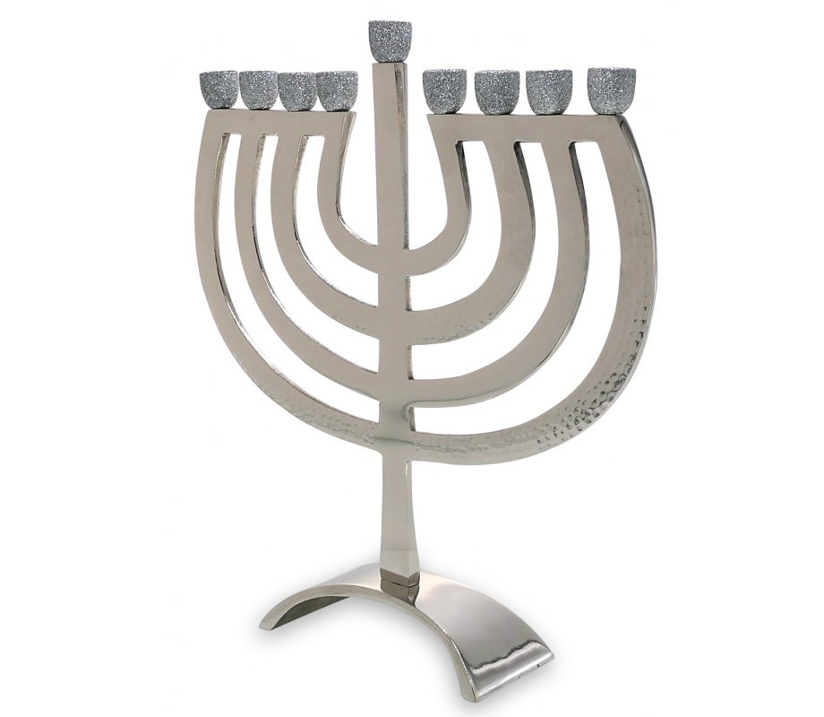 Glittering Silver Cups on Contemporary Style Hanukkah Menorah - 12.5 Inches