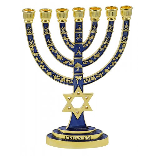 Gold 7-Branch Menorah, Blue Enamel with Star of David & Judaic Symbols - 9.5