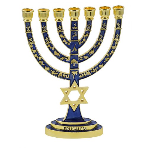 Gold 7-Branch Menorah, Blue Enamel with Star of David & Judaic Symbols - 9.5