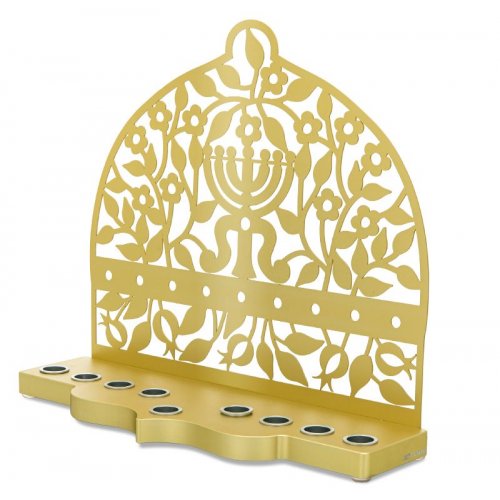 Gold Aluminum Chanukah Menorah - Flowers, Pomegranates and Menorah - Dorit Judaica