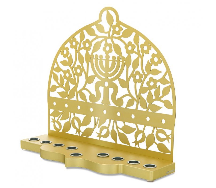 Gold Aluminum Chanukah Menorah - Flowers, Pomegranates and Menorah - Dorit Judaica
