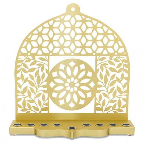 Gold Aluminum Chanukah Menorah, Leaves, Flowers and Mandala Design - Dorit Judaica