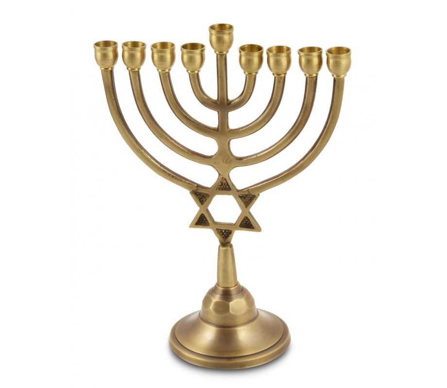 Gold Antique Hanukkah Menorah with Star of David, for Candles - 9 Inches