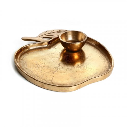 Gold Apple Shaped Tray with Attached Honey Bowl - For Rosh Hashanah