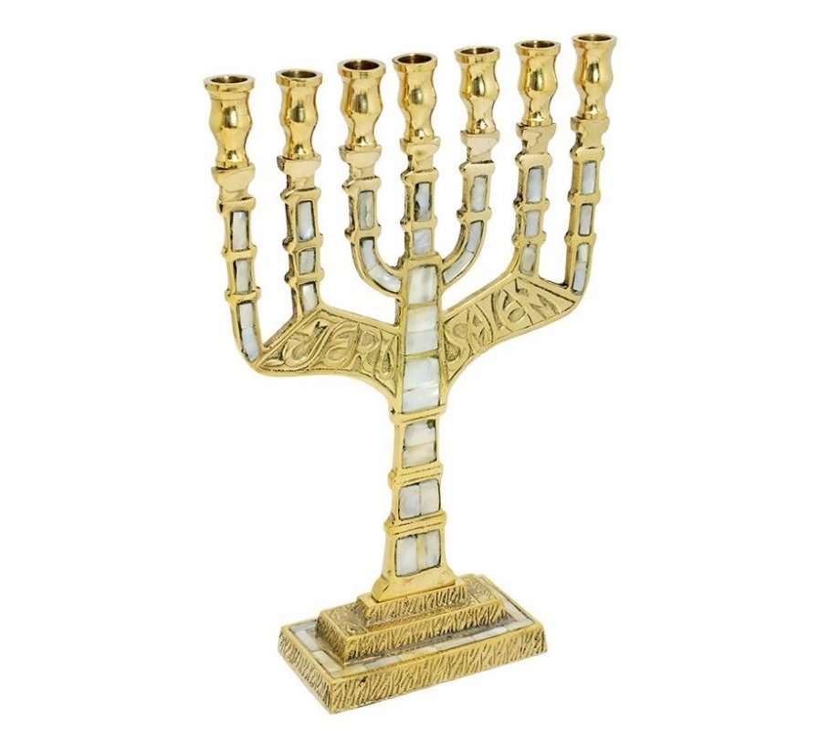 Gold Brass & Mother of Pearl Seven Branch Menorah with Embossed Jerusalem – 11