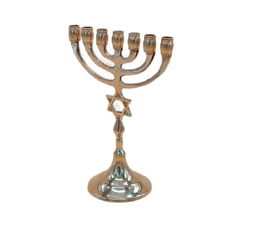 Gold Brass Small 7 Branch Menorah, Star of David on Stem - 6 Inches High