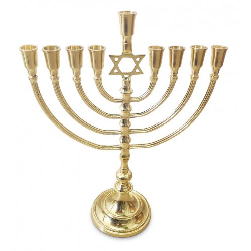 Gold Color Chanukah Menorah with Star of David, Candles or Oil - 14 Inches