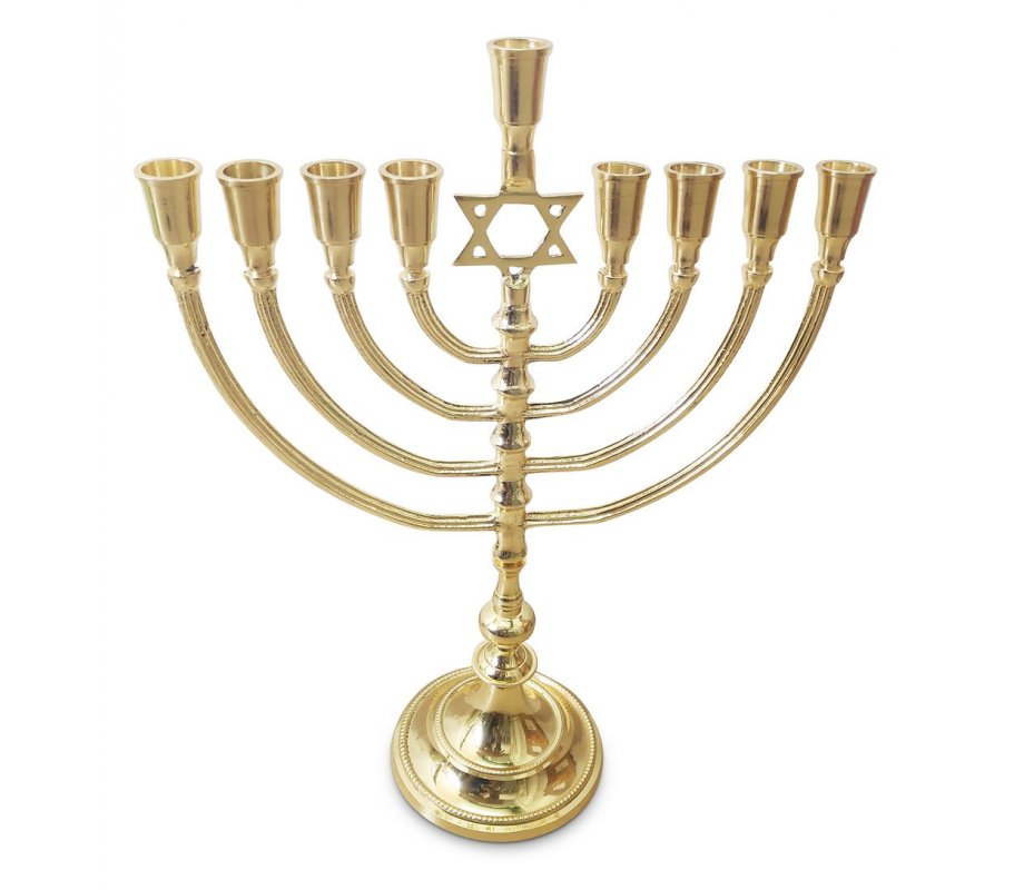 Gold Color Chanukah Menorah with Star of David, Candles or Oil - 14 Inches