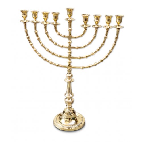 Gold Colored Brass Hanukkah Menorah Traditional Beaded Design, Extra Large - 22 Inches
