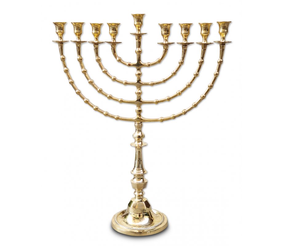 Gold Colored Brass Hanukkah Menorah Traditional Beaded Design, Extra Large - 22 Inches