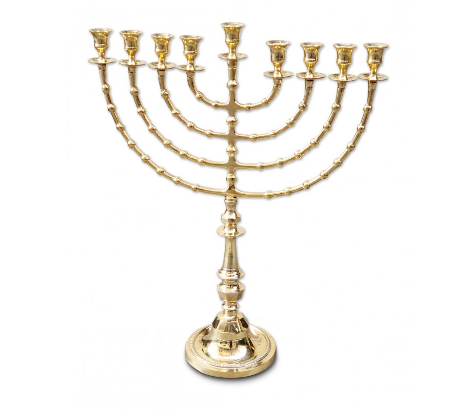 Gold Colored Brass Hanukkah Menorah Traditional Beaded Design, Extra Large - 22 Inches